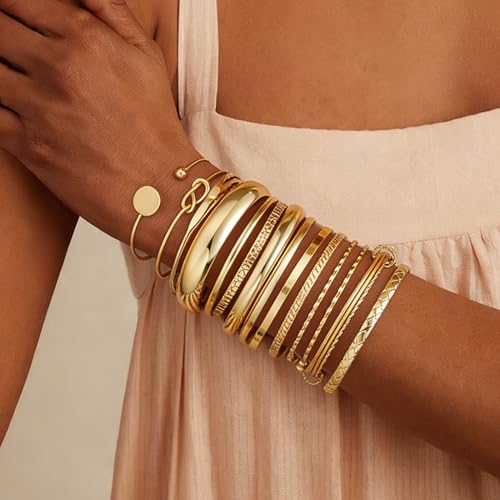 ÌF ME Gold Bangle Bracelets for Women, 19Pcs Multi Stackable Textured Bangles Set, 14K Gold Plated Chunky Bracelet Boho Jewelry Gifts - color: Gold-knot