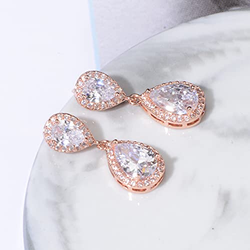 Pave Teardrop Earrings for Wedding Sterling Silver Double Pear Shaped CZ Cubic Zirconia Crystal Rhinestone Birthstone Dangle Earrings Bridal Jewelry for Bride Bridesmaids - color: Rose Gold
