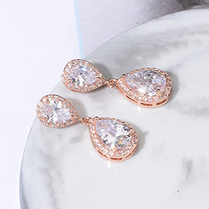 Pave Teardrop Earrings for Wedding Sterling Silver Double Pear Shaped CZ Cubic Zirconia Crystal Rhinestone Birthstone Dangle Earrings Bridal Jewelry for Bride Bridesmaids - color: Rose Gold