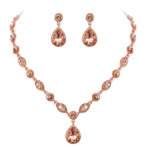 EleQueen Women's Teardrop Necklace Earrings Jewellery Set for Party Prom | Wedding Bridal Costume Jewelry Set for Brides Bridesmaids, Crystal Teardrop Necklace Dangle Earrings - color: Rose Gold-Tone