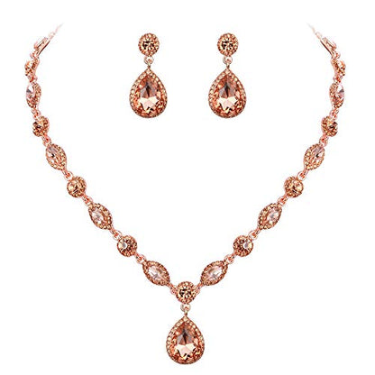 EleQueen Women's Teardrop Necklace Earrings Jewellery Set for Party Prom | Wedding Bridal Costume Jewelry Set for Brides Bridesmaids, Crystal Teardrop Necklace Dangle Earrings - color: Rose Gold-Tone