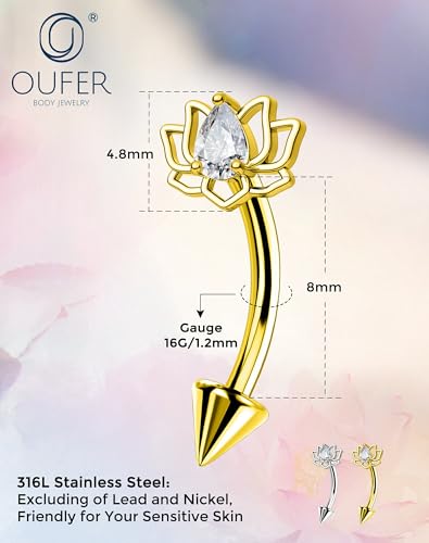 OUFER 16G Rook Piercing Jewelry, Lotus Eyebrow Earrings, 316L Surgical Steel Rook Earrings, Curved Barbell Lip Rings, Helix Cartilage Piercing Jewelry for Women - color: Gold