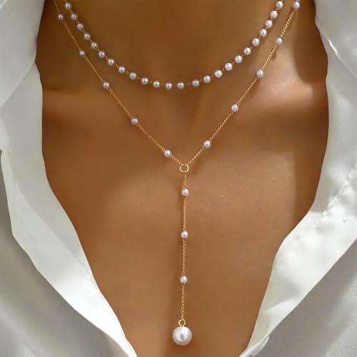 Boho Pearl Y Lariat Necklace Gold Pearl Y Necklace Layered Pearl Choker Necklace Wedding Pearl Pendant Necklace Long Pearl Drop Necklace Jewelry for Women