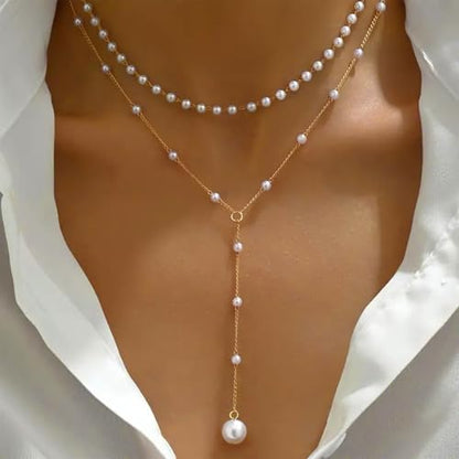 Boho Pearl Y Lariat Necklace Gold Pearl Y Necklace Layered Pearl Choker Necklace Wedding Pearl Pendant Necklace Long Pearl Drop Necklace Jewelry for Women