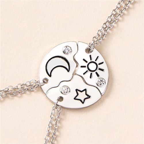 3pcs Friendship Moon Sun Star Puzzle Matching Necklace Set Gold Silver Plated Cute Crescent Round Circle Geometric Best Friend BFF Pendant Necklace for 3 Women Sisters Daughter Birthday Jewelry Gifts - color: Silver