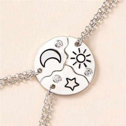 3pcs Friendship Moon Sun Star Puzzle Matching Necklace Set Gold Silver Plated Cute Crescent Round Circle Geometric Best Friend BFF Pendant Necklace for 3 Women Sisters Daughter Birthday Jewelry Gifts - color: Silver