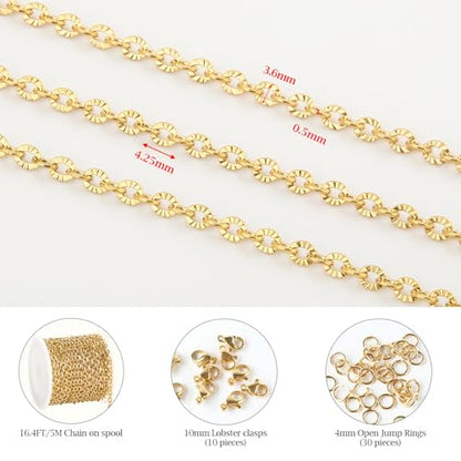 KYUNHOO 16.4 Feet Gold Plated Chain for Necklace Making with Jewelry Clasps | Embossed Circle Chains on Spool Stainless Steel Gold Chain with Lobster Clasps Jump Rings for DIY Bracelet Earring - color: Oval Gold