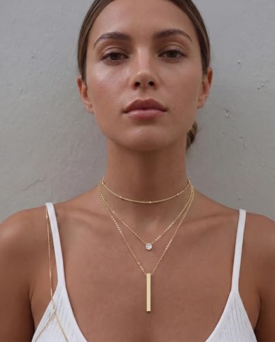Tewiky Dainty 14k Gold Plated/Silver Cubic Zirconia Necklaces for Women, Simple CZ Jewelry Necklaces Trendy Gifts - color: Gold three layer bar CZ