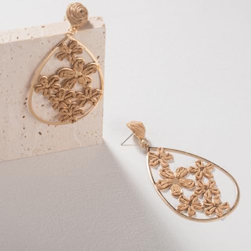 Boho Raffia Flower Teardrop Earrings Cute Colorful Dangle Trendy Jewelry | Floral Drop Statement Big Dangling Earring Hypoallergenic Gold Fun Unique Summer Spring Beach Vacation Outfits for Women - color: Bronze