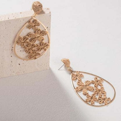 Boho Raffia Flower Teardrop Earrings Cute Colorful Dangle Trendy Jewelry | Floral Drop Statement Big Dangling Earring Hypoallergenic Gold Fun Unique Summer Spring Beach Vacation Outfits for Women - color: Bronze