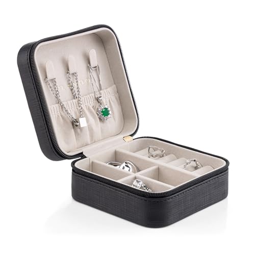 VLANDO Small Faux Leather Travel Jewelry Box Organizer Display Storage Case for Rings Earrings Necklace, Black - color: Black