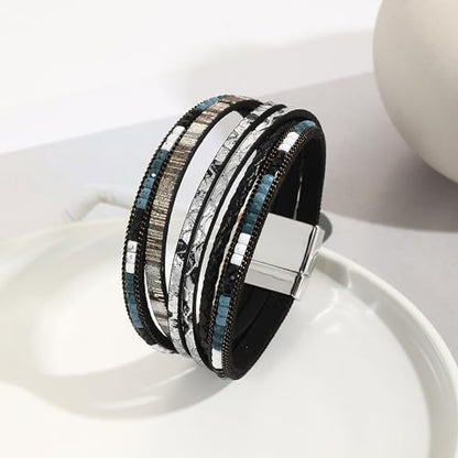 VIBILIA Boho Leather Wrap Bracelets for Women Multi-Layer Bracelets | With Strong Clasp Jewelry for Women - color: 03-BohoBraid-Black