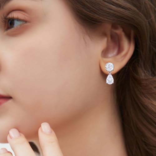 Cubic Zirconia Stud Earrings for Women,18K White Gold Plated,Women's 925 Sterling Silver Simulated CZ Earrings with Pear/Round/Princess/Oval Cut. - style: Pear-Round