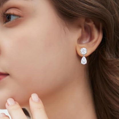 Cubic Zirconia Stud Earrings for Women,18K White Gold Plated,Women's 925 Sterling Silver Simulated CZ Earrings with Pear/Round/Princess/Oval Cut. - style: Pear-Round