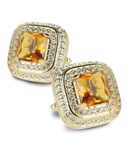 Square Colored Crystal Double Diamond Set Cufflinks - color: Yellow/Gold