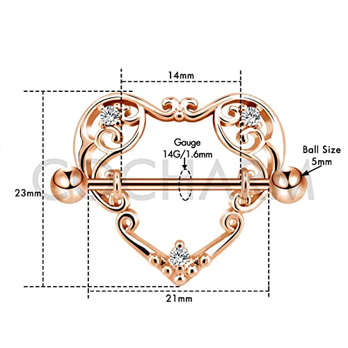 14G Heart Nipple Rings for Women Surgical Steel CZ Nipple Piercings Nipple Barbells Nipple Bars Gold Silver Rose Gold - color: Rose Gold