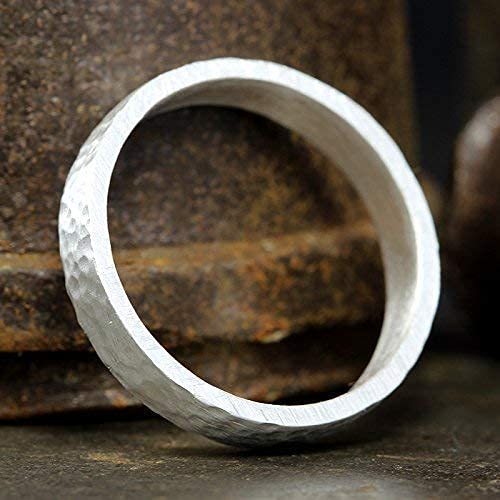 925 Sterling Silver Wedding Ring Hammered Flat Pipe Cut Textured Thick & Durable Handmade Unisex Mens & Women Rustic Engagement Promise Band - US Size 4-13 - Custom Engraving - color: 01 - 4mm Silver
