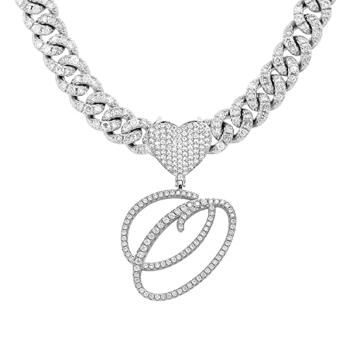 Initial Necklaces Silver Cuban Link Chain for Women Iced Out Chain with Heart Letter Pendants Custom Chain Name Necklace Hip Hop Jewelry Gift - color: O