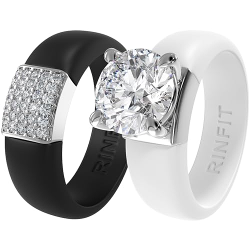 Rinfit Silicone Ring with Stone, Round Cut CZ | AAAAA Grade Cubic Zirconia, Solitaire Engagement Ring for Her, Flexible Rubber Wedding Band for Women, Patented Design - color: Pack M: Black & White / Silver