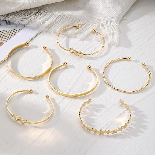 IFKM Gold Bangle Bracelets For Women, 14k Gold Plated Multi Layer Stackable Cuff Bracelet Set, Trendy Elegance Charms Non Tarnish Minimalist Textured Boho Jewelry Gift for Women - style: 6pcs LOVE Flower