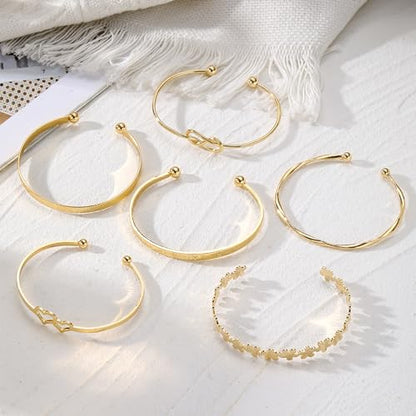 IFKM Gold Bangle Bracelets For Women, 14k Gold Plated Multi Layer Stackable Cuff Bracelet Set, Trendy Elegance Charms Non Tarnish Minimalist Textured Boho Jewelry Gift for Women - style: 6pcs LOVE Flower