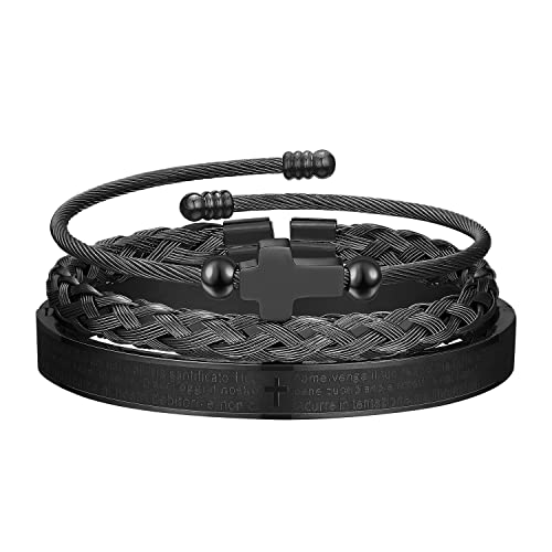 WFYOU 3PCS Stainless Steel Imperial Crown Bracelets for Men Gold Roman Numeral Bangle Bracelet Adjustable Cuff Bracelet Mens Luxury Jewelry Gifts - style: 05:Black-Cross