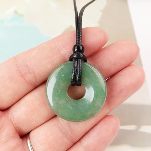 Anjiucc Natural Gemstone Pendant Necklce Lucky Coin Crystal Necklace Donut Pendnat with Adjustable Rope Healing Crystal for Men - color: Green Aventurine