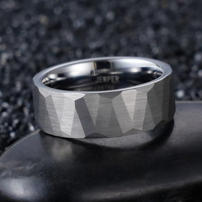 2/4/6/8mm Black/silver/gold Tungsten Rings for Men Womens Couple Fashion Jewelry Promise Engagement Wedding Band Hammered Inner ring inlaid with olive wood Carbide Polished Edge Comfort Fit - color: 8MM silver