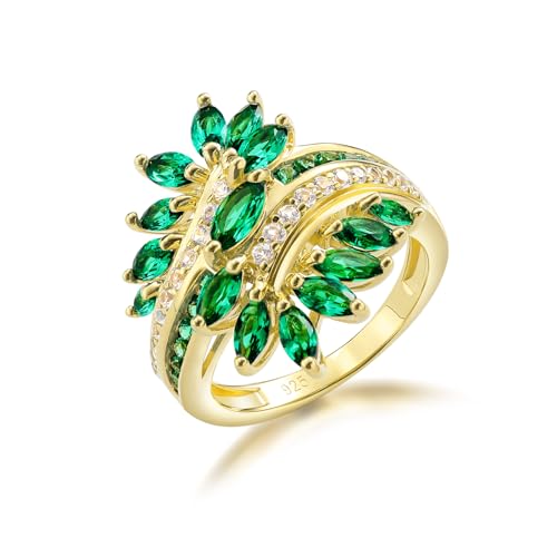 Statement Flower Ring Cocktail Leaf Ring Birthstone Anniversary Signet Ring | Hypoallergenic|14K Gold Plated|Sterling Silver Sparkling Engagement Promise Party Ring for Women, Size 6 to 10(With Box) - color: Leaf - Emerald