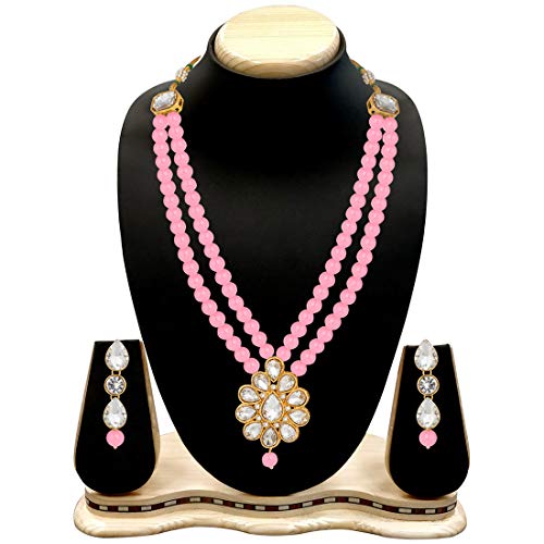 Aheli Wedding Faux Kundan Pendant Beaded Necklace Earrings Set Bollywood Indian Bharatanatyam jewellery set Gift for Women - color: Pink