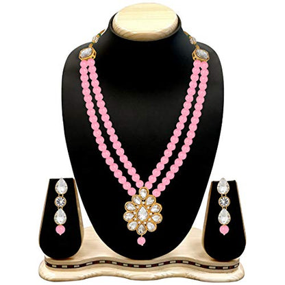 Aheli Wedding Faux Kundan Pendant Beaded Necklace Earrings Set Bollywood Indian Bharatanatyam jewellery set Gift for Women - color: Pink