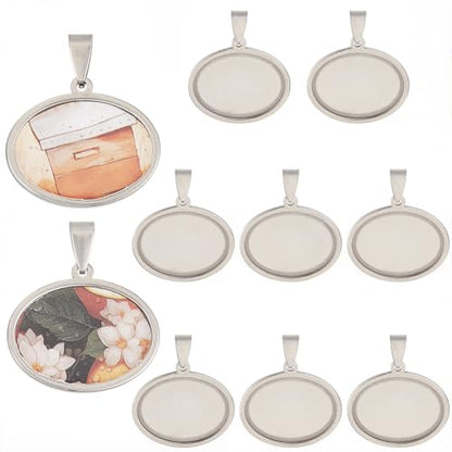 1 Box 10Pcs Oval Bezel Charm Stainless Steel Cabochon Settings Silver 25 x 18mm Metal Cameo Memorial Photo Pendant Blanks Cabochons Base Tray for Jewelry Making DIY Resin Craft Accessories - style: silver flattened round