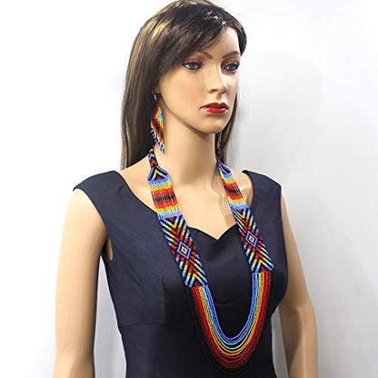 Handmade Beaded Indian Necklace,Inspired by Native American Style Long Necklace Earrings Set,One of a Kind beaded Necklace for Women,Perfect for Occasions, Gifts - color: Rainbow