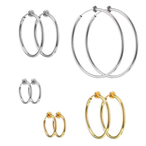 5 Pairs Clip On Hoop Earrings for Women, Silver Gold Clip on Earrings Stainless Steel No Piercing Fake Hoop Earring for Non-Pierced Ears 15mm 30mm 50mm
