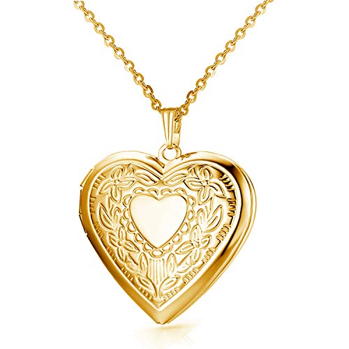 YOUFENG Oval Round Flower Locket Necklace that Holds Pictures Photo Locket Pendant - style: Heart Gold-plated
