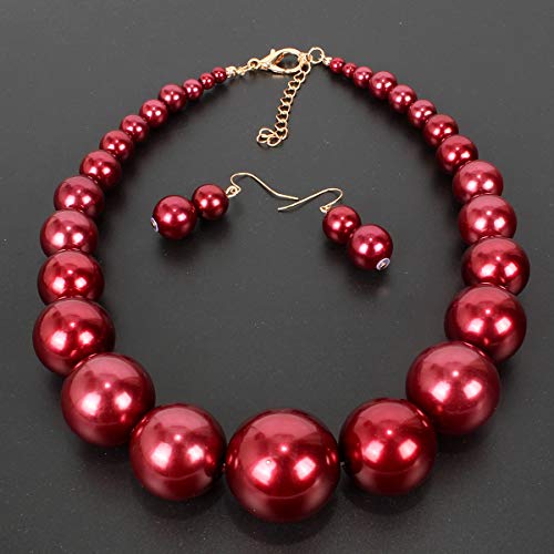 Large Style Big Imitate Pearl Strand Choker Necklace With Earrings Set - color: burgundy