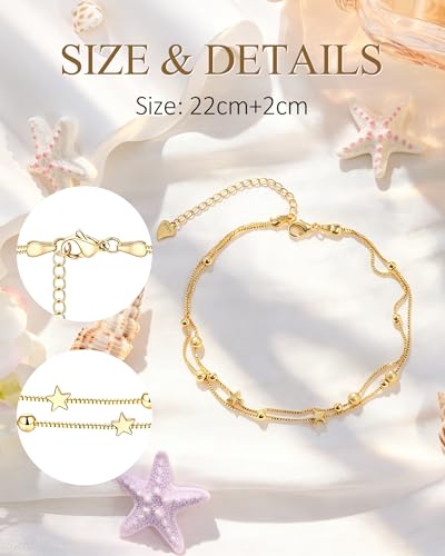 Silver Ankle Bracelets for Women, Butterfly/Stars Cute Charm Anklet, 14K Gold Plated Layered Chain Anklets for Women Teen Girls - style: Star-Gold
