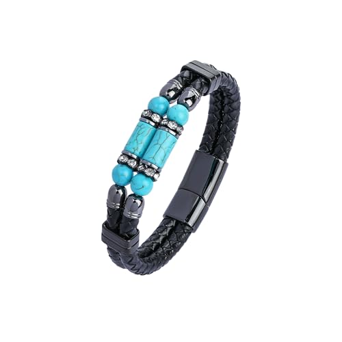 Mens Leather Turquoise/Tiger Eye/Obsidian/Lava Stone Bracelet–Braided Multi‑Layer Wristband Cuff Bangle Barcelet–Jewelry Box and Pouch Packing - color: Turquoise Stone, size: 8.3in(Fits most wrists)