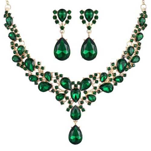 Hicarer Bridal Teardrop Cluster Crystal Jewelry Set for Women Necklace Earrings Wedding - color: Dark Green
