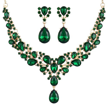 Hicarer Bridal Teardrop Cluster Crystal Jewelry Set for Women Necklace Earrings Wedding - color: Dark Green