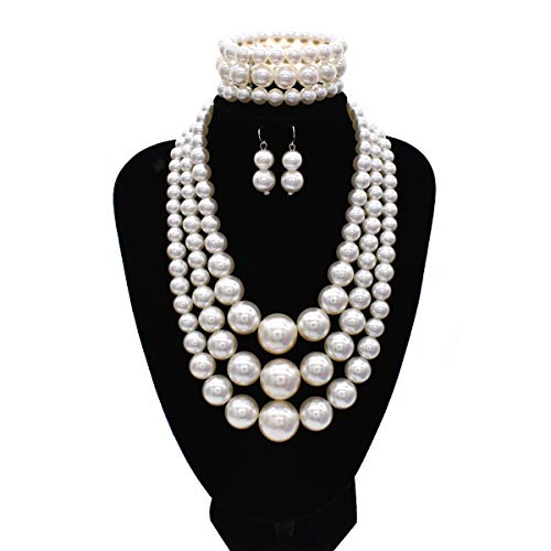 Big Chunky Pearl Necklace and Earrings Set Large Costume 1920s Faux Pearls Gatsby Accessories - color: A-White