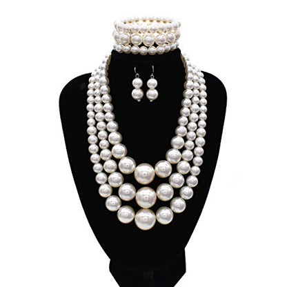 Big Chunky Pearl Necklace and Earrings Set Large Costume 1920s Faux Pearls Gatsby Accessories - color: A-White