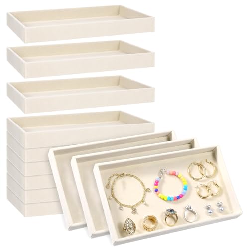 12 Pcs Small Stackable Velvet Jewelry Trays, Velvet Jewelry Trays for Drawers, Jewelry Tray Stackable Organizer Inserts for Necklace Earring Ring Bracelet (Beige, 8.3 x 5 x 0.9 Inches)