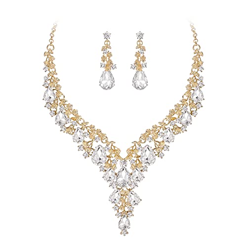 BriLove Women's Wedding Bridal Austrian Crystal Teardrop Flower Cluster Statement Necklace Dangle Earrings Jewelry Set for Party Prom - color: 2Pcs-Clear Gold-Tone