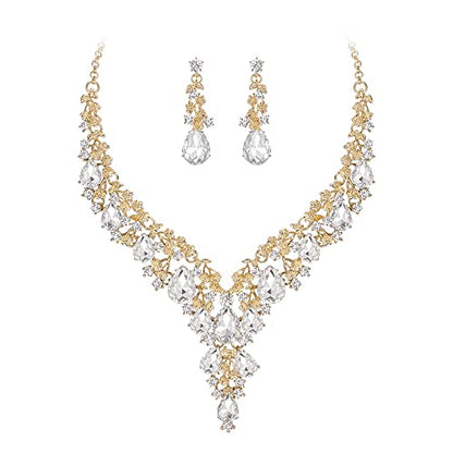 BriLove Women's Wedding Bridal Austrian Crystal Teardrop Flower Cluster Statement Necklace Dangle Earrings Jewelry Set for Party Prom - color: 2Pcs-Clear Gold-Tone