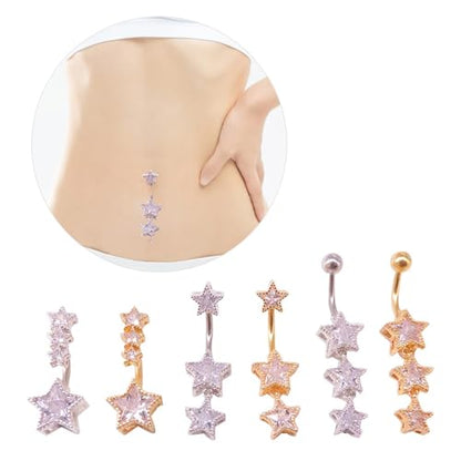 3Pcs 14G Stainless Steel Dangle Belly Button Rings Cubic Zirconia Heart Star Round Belly Navel Barbell Rings Belly Piercing Jewelry for Women - style: Silver Star