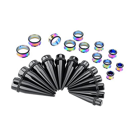 24PC Ear Gauge Stretching Kit Acrylic Tapers and Surgical Steel Tunnels Plugs 00G-20MM Gauge Stretching Kit - color: Black Rainbow