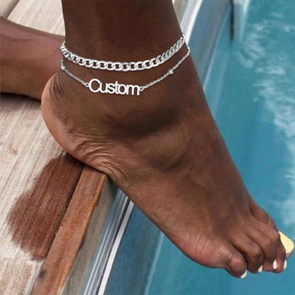 U7 Custom Layered Ankle Bracelets for Women Stainless Steel Bead/Cuban/Figaro/Rope/Wheat Chain Anklet Waterproof Anklet Jewelry for Beach Vacation - color: b-Silver-Cuban Chain