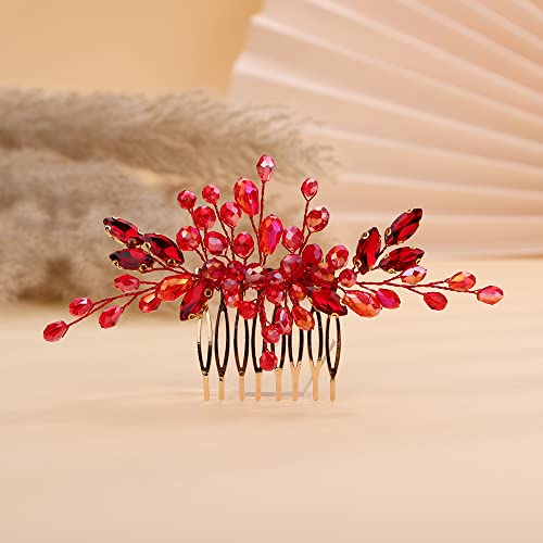 Teyglen Crystal Wedding Hair Comb - Bridal Full Red Rhinestone Side Comb - Dainty Green Blue Black Pieces - Bride Accessories for Women Girl (Red) - color: Red