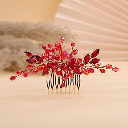 Teyglen Crystal Wedding Hair Comb - Bridal Full Red Rhinestone Side Comb - Dainty Green Blue Black Pieces - Bride Accessories for Women Girl (Red) - color: Red